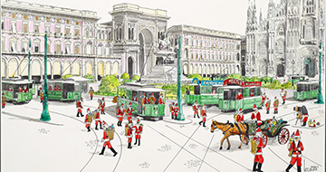Piazza Duomo popolata da personaggi di Babbo Natale in un'illustrazione di Alberto Locatelli